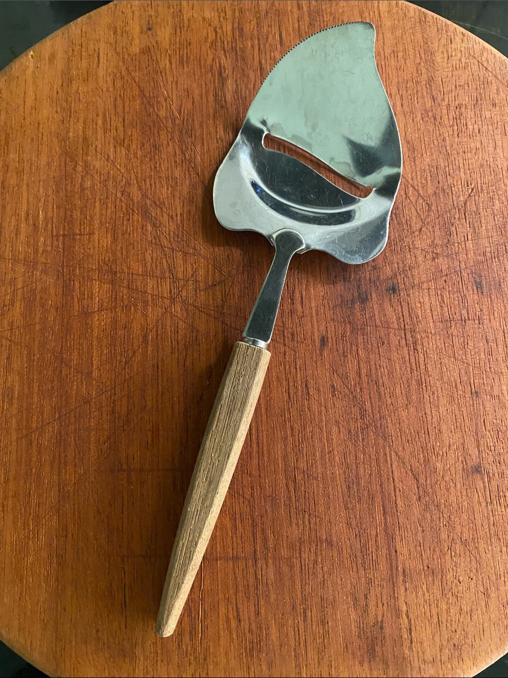 Vintage Silver Metal and Brown Wood Cheese Slicer